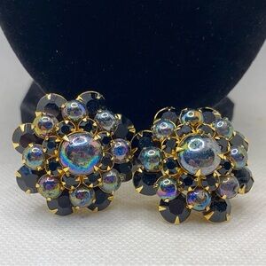 Judy Lee Gold-Tone Black Aurora Borealis Floral Clip Earrings